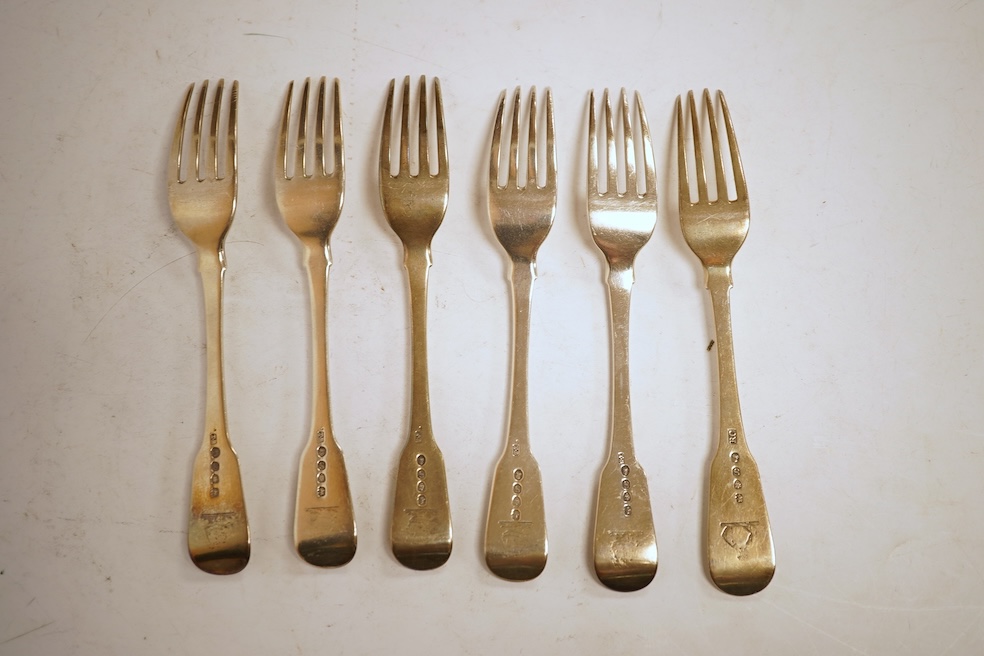 A matched set of six George III silver fiddle pattern dessert forks, all London, 1813, five by Thomas Wilkes Booth, 7.6oz.